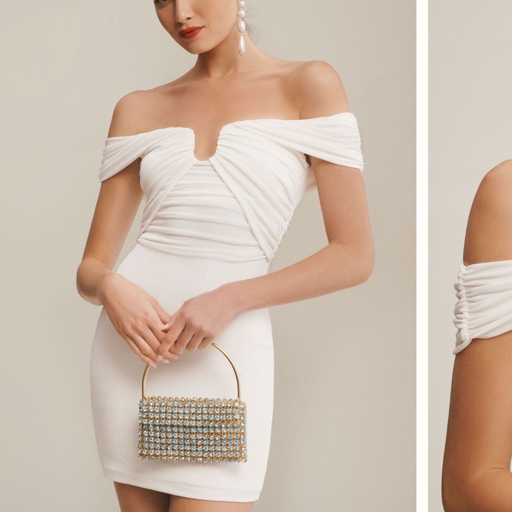 MISHA - Judi off the shoulder draped slinky mini dress. Cream color size US 6